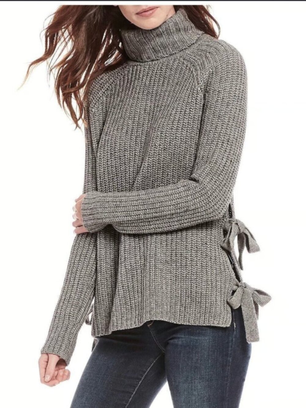 UGG Ceanne Gray Chunky Knit Turtleneck Sweater w/ Side Bow Details Size XS